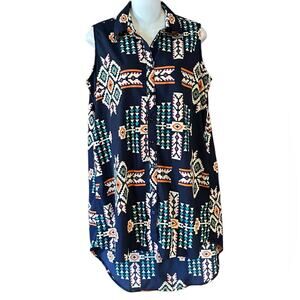 Pink Cattlelac Women’s Large Sleeveless Aztec Tunic Top Navy